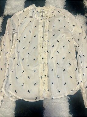 H&M White Button-Down Shirt with Navy Horse Print